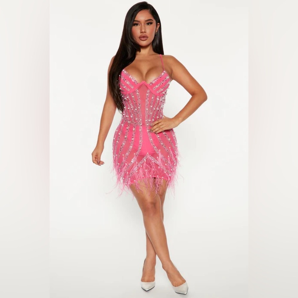 Fashion Nova Vibrant Pink Beaded Mini Dress - Picture 2 of 14